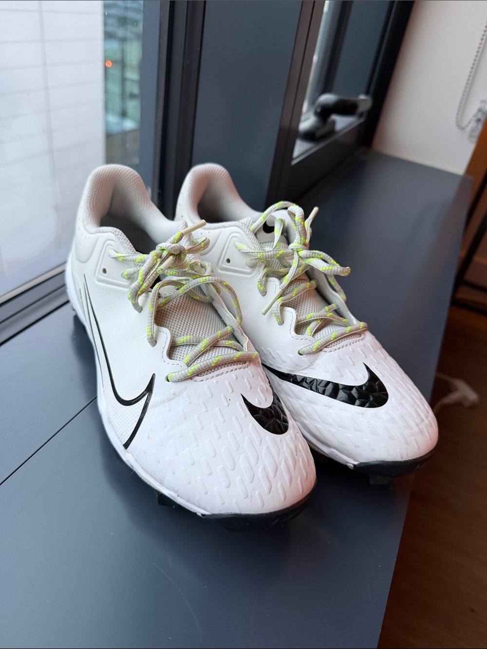 White Soccer/ Baseball Cleats with Black Swoosh and Neon Laces